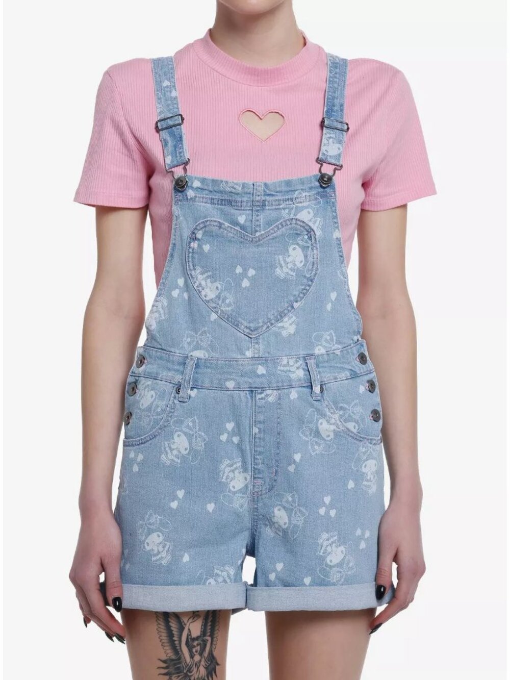 Sanrio Hello Kitty My Melody My Melo‎ Hearts Denim Shortalls Light Wash Size XL